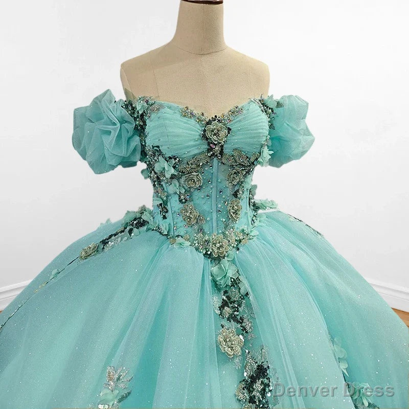 Mint Green Off Shoulder Court Train Quinceaera Dress