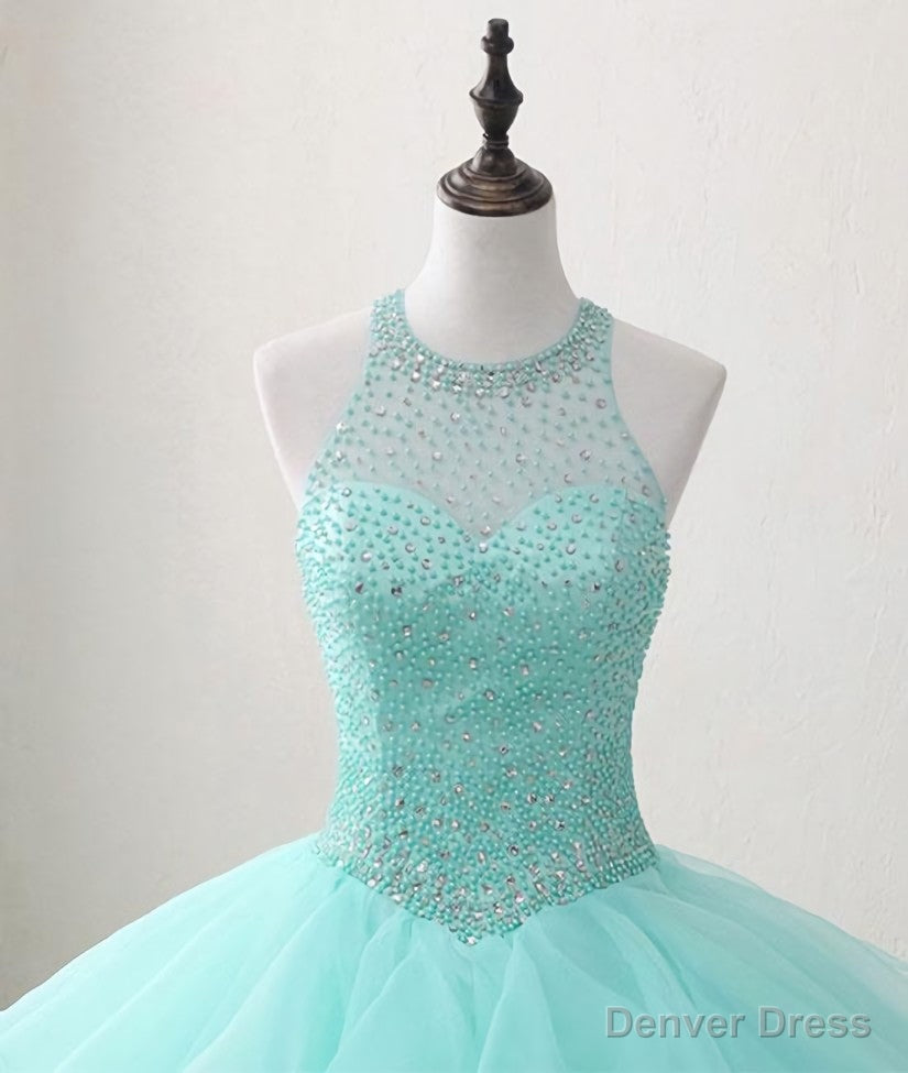 Mint Green Organza and Beaded Long Sweet 16 Dress, Handmade Prom Dresses