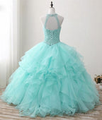 Mint Green Organza and Beaded Long Sweet 16 Dress, Handmade Prom Dresses