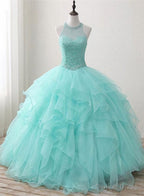 Mint Green Organza and Beaded Long Sweet 16 Dress, Handmade Prom Dresses
