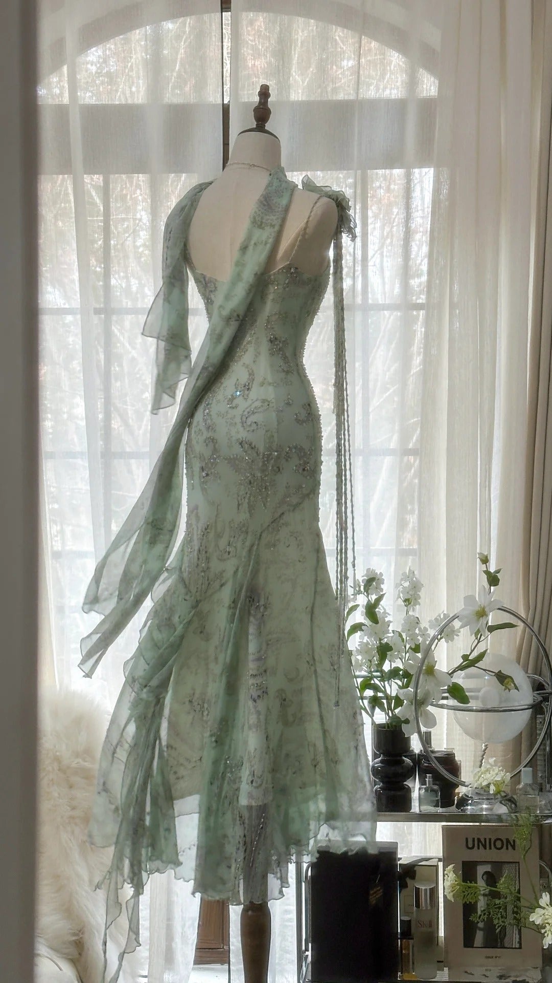 Mint Green Romantic Fashion Elegant Exquisite Beading Spaghetti Straps Long Tulle Chiffon Ruffle Ball Gowns Prom Dress