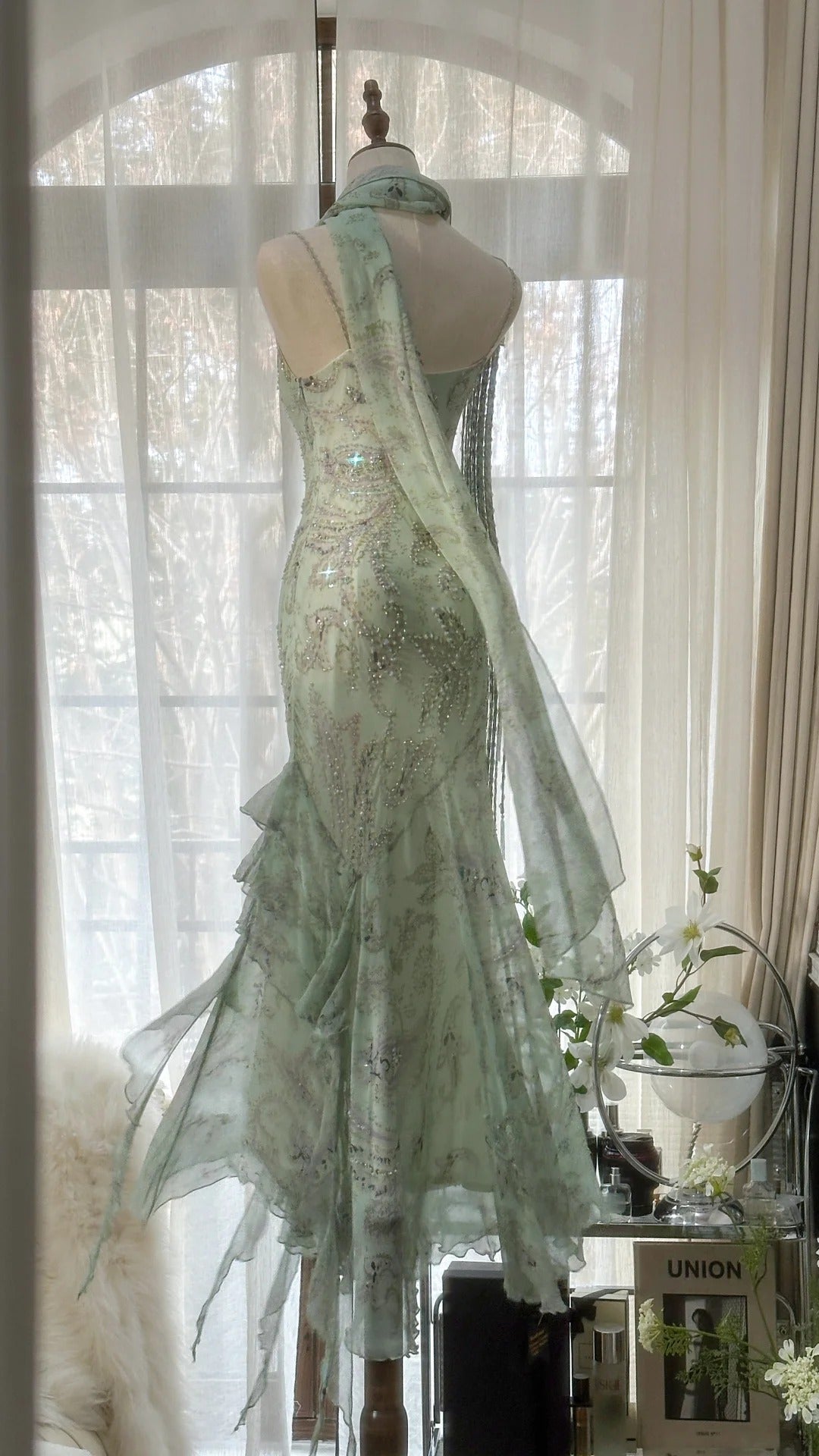 Mint Green Romantic Fashion Elegant Exquisite Beading Spaghetti Straps Long Tulle Chiffon Ruffle Ball Gowns Prom Dress