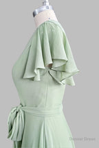 Mint Green Sheath Floor Length Short Sleeves V Neck Chiffon Bridesmaid Dresses