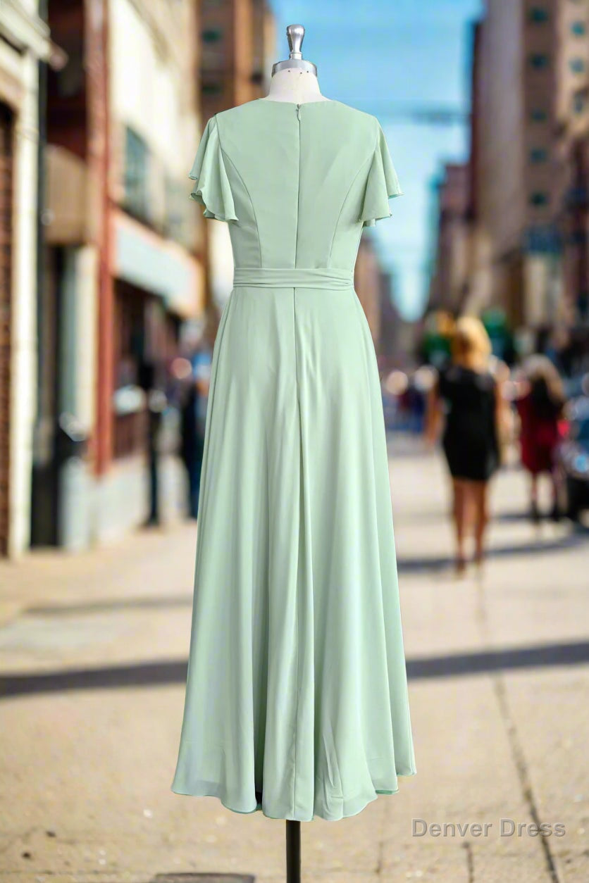 Mint Green Sheath Floor Length Short Sleeves V Neck Chiffon Bridesmaid Dresses