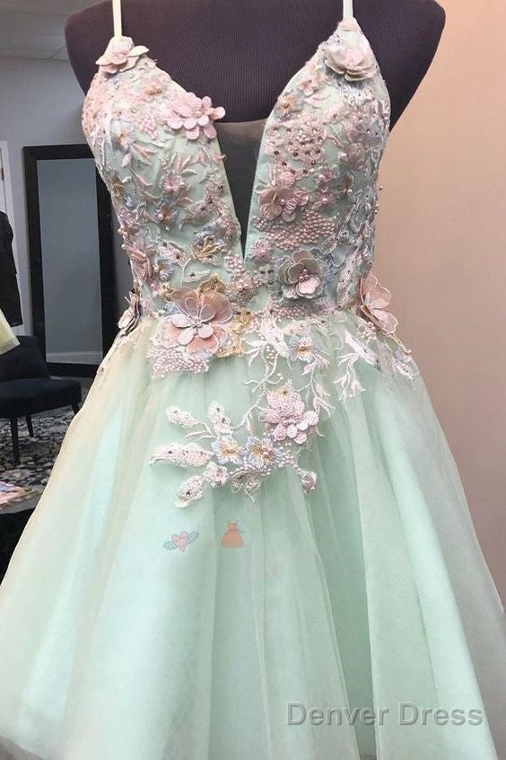 Mint Green Short Homecoming Dress With Flowers, Mini Tulle Graduation Dresses With Pearls