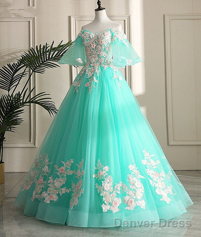 Mint Green Sweetheart Sweetheart Flowers Tulle Prom Dress, Mint Green Prom Dresses Secondary image