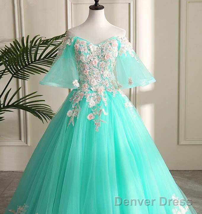 Mint Green Sweetheart Sweetheart Flowers Tulle Prom Dress, Mint Green Prom Dresses