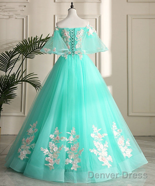 Mint Green Sweetheart Sweetheart Flowers Tulle Prom Dress, Mint Green Prom Dresses