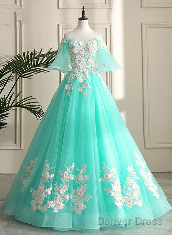 Mint Green Sweetheart Sweetheart Flowers Tulle Prom Dress, Mint Green Prom Dresses