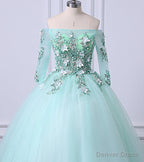 Mint Green Tulle Off Shoulder Long Sleeve Lace Applique Sweet 16 Prom Dress, Formal Dress