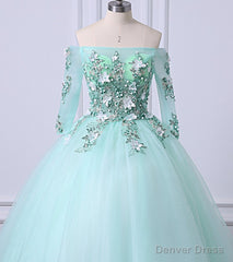 Mint Green Tulle Off Shoulder Long Sleeve Lace Applique Sweet 16 Prom Dress, Formal Dress