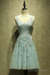 Mint Green Tulle Short Lace Beaded Knee Length Wedding Party Dress, Lovely Homecoming Dress Prom Dress