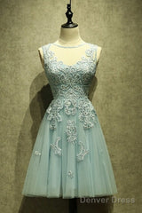 Mint Green Tulle Short Lace Beaded Knee Length Wedding Party Dress, Lovely Homecoming Dress Prom Dress