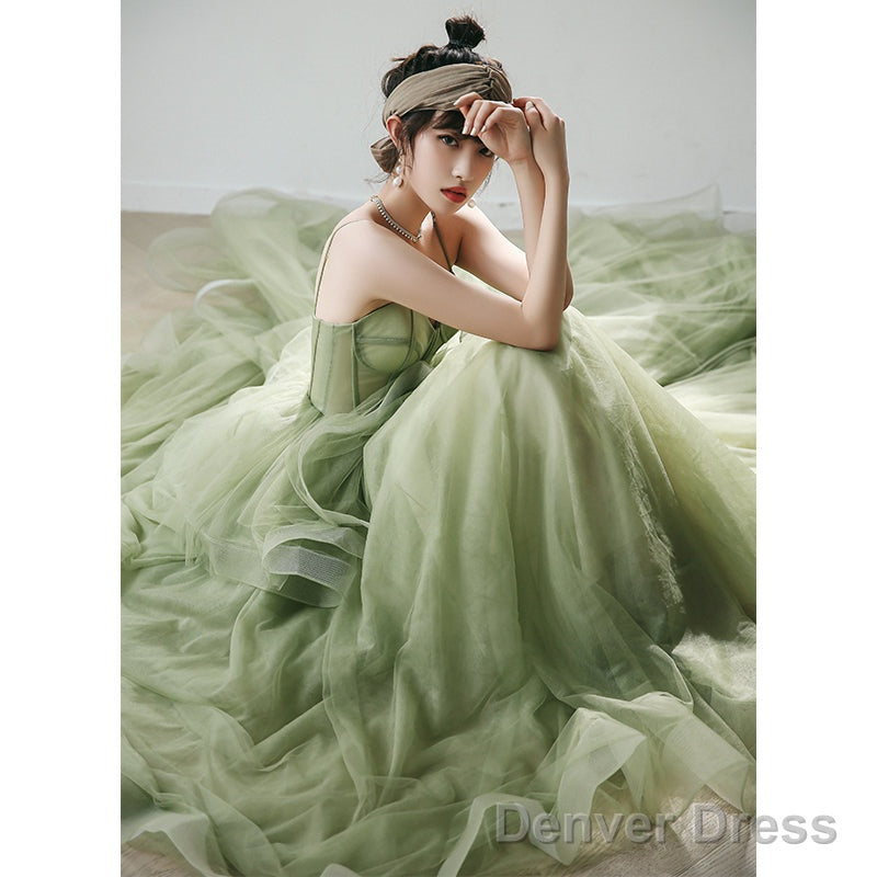 Mint Green Tulle Sweet 16 Long Prom Dress, Green Sweetheart Prom Dresses