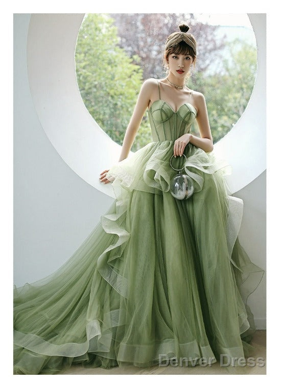 Mint Green Tulle Sweet 16 Long Formal Dress, Green Sweetheart Evening Party Dresses Main image
