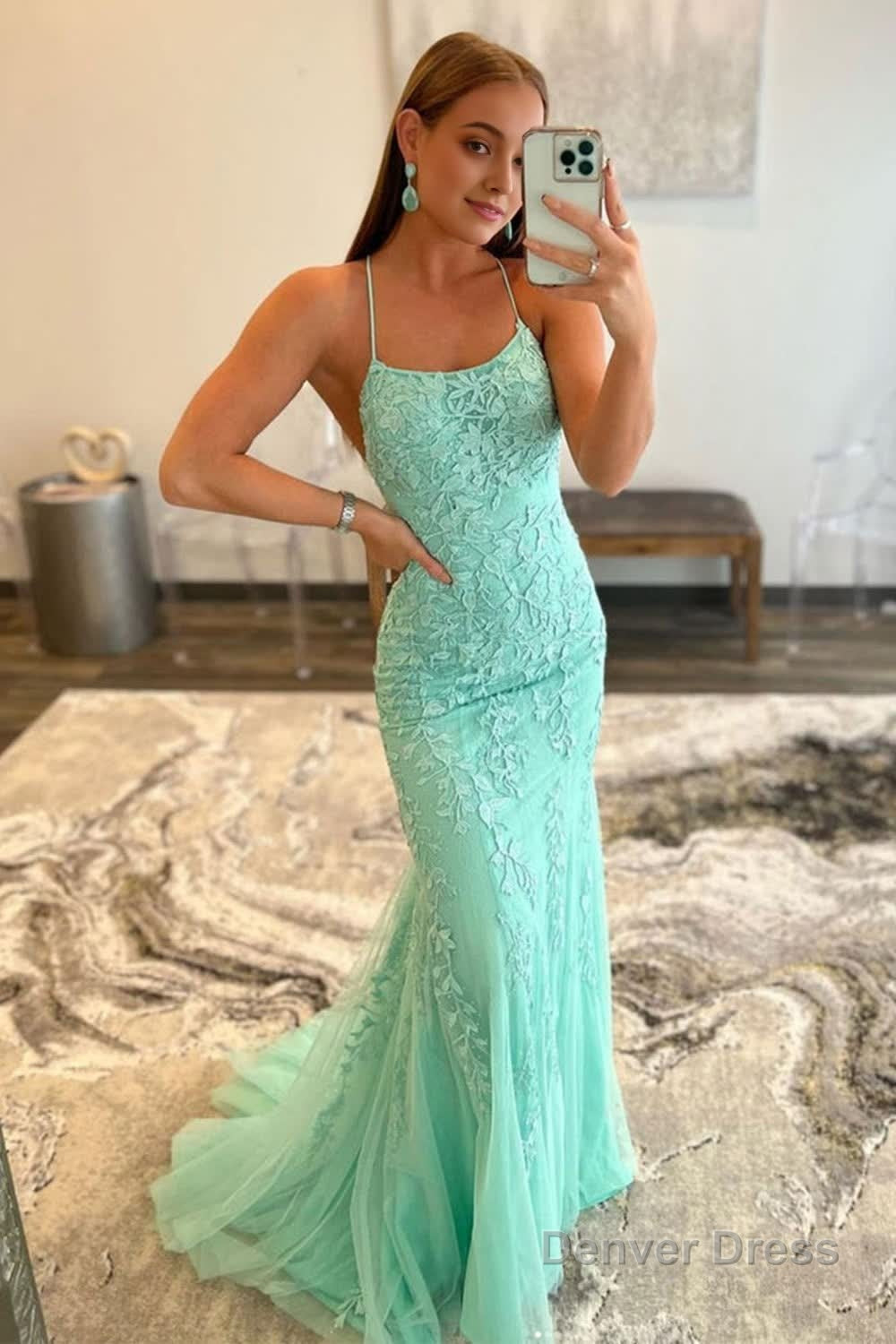 Mint Spaghetti Straps Appliques Prom Dress Main image