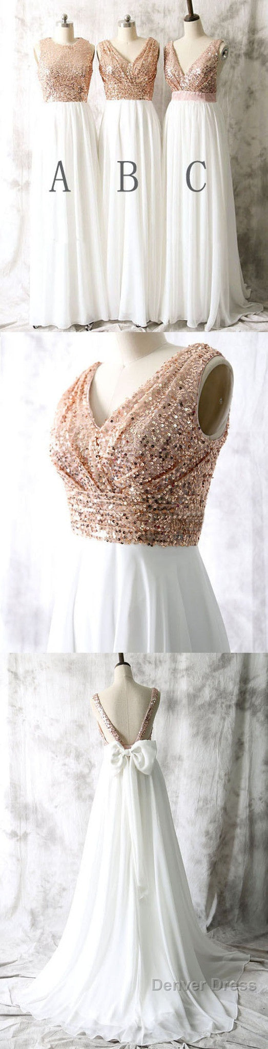 Mismatched Sequin Top White Chiffon Sleeveless Long Column Bridesmaid Dresses For Wedding Secondary image