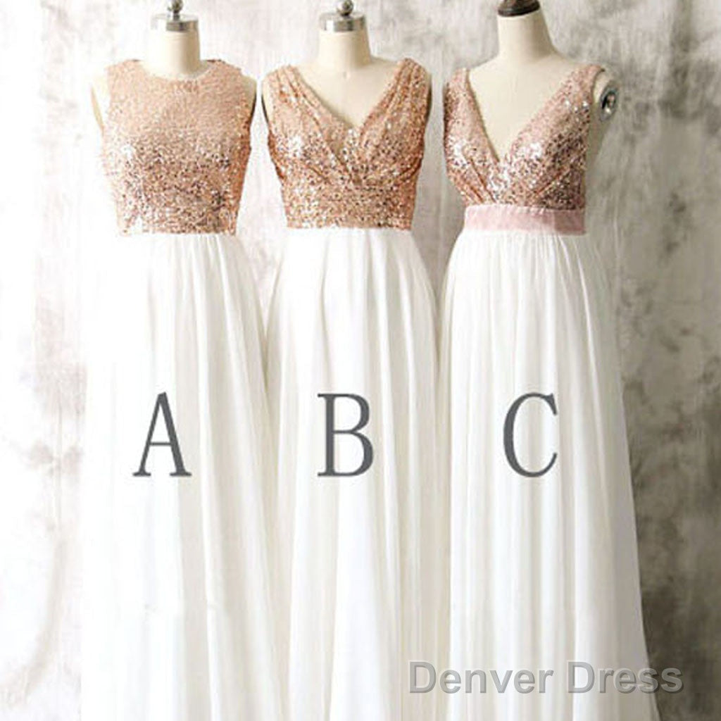 Mismatched Sequin Top White Chiffon Sleeveless Long Column Bridesmaid Dresses For Wedding, Main image