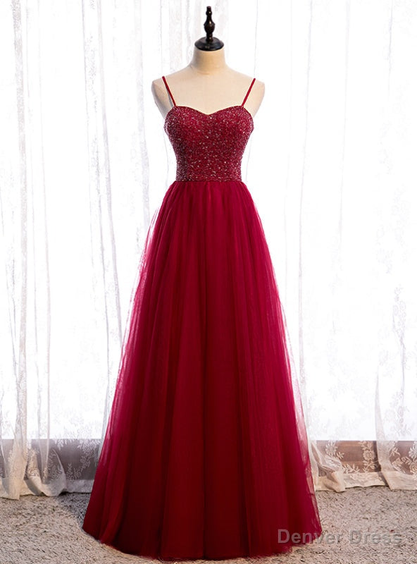 Modern Burgundy Tulle Spaghetti Straps Beading Prom Dress