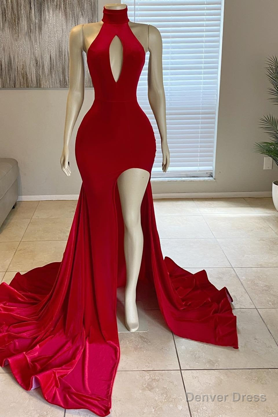 Modern High Neck Red Leg Split Mermaid Prom Dresses Long