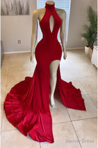 Modern High Neck Red Leg Split Mermaid Prom Dresses Long