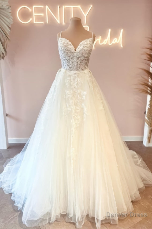 Modern Spaghetti Straps Sleeveless Long Lace Wedding Dresses Online Secondary image