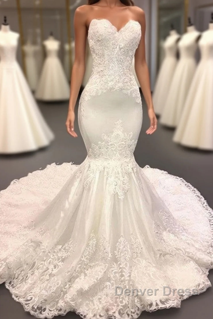 Modern Strapless Lace Appliques Mermaid Wedding Bridal Gown New Arrival