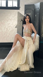 Modest 2 Pieces Strapless Long Champagne Tulle Prom Dresses