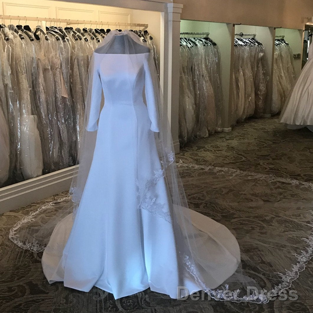 Modest 3 4 Sleeves White Satin Royal Wedding Dresses Secondary image