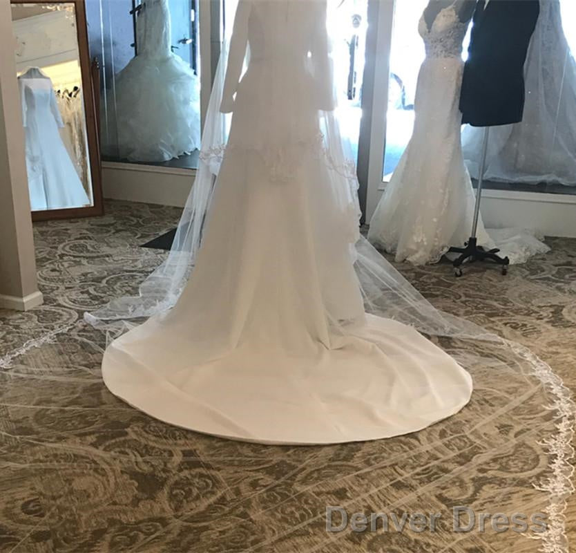 Modest 3 4 Sleeves White Satin Royal Wedding Dresses