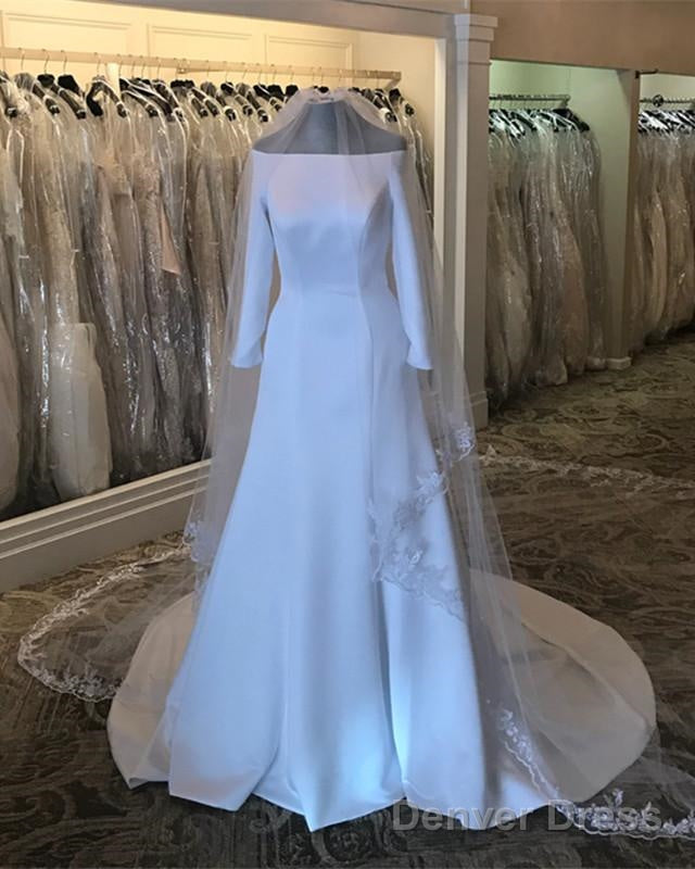 Modest 3 4 Sleeves White Satin Royal Wedding Dresses Main image