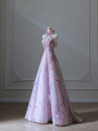 Modest A Line High Neckline Lilac Lace Tulle Flowers Prom Dress