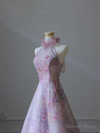 Modest A Line High Neckline Lilac Lace Tulle Flowers Prom Dress