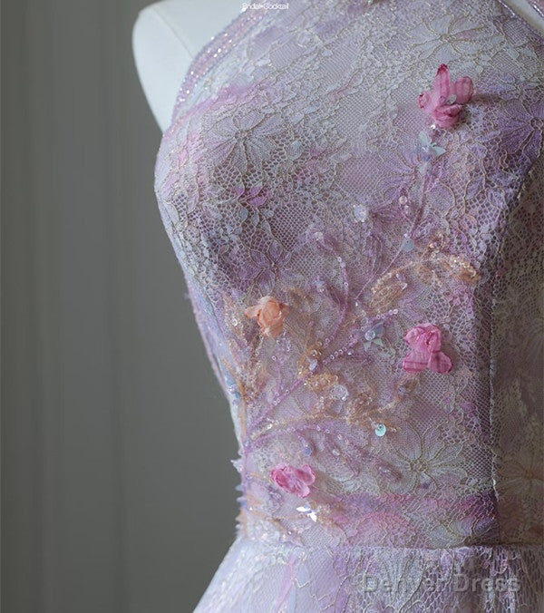 Modest A Line High Neckline Lilac Lace Tulle Flowers Prom Dress