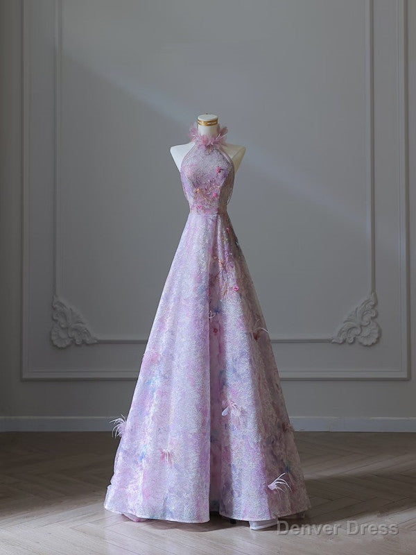 Modest A Line High Neckline Lilac Lace Tulle Flowers Prom Dress