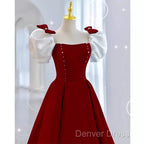 Modest A Line Long Short Sleeves Satin Red Prom Dresses