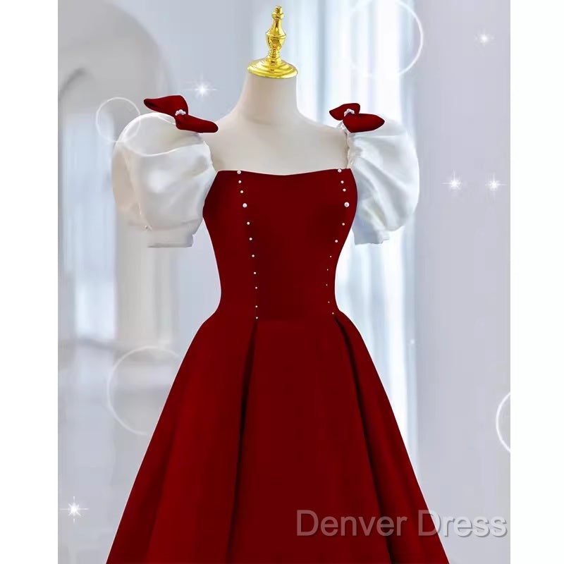 Modest A Line Long Short Sleeves Satin Red Prom Dresses