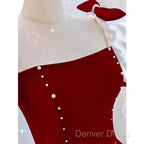 Modest A Line Long Short Sleeves Satin Red Prom Dresses