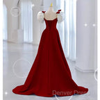 Modest A Line Long Short Sleeves Satin Red Prom Dresses