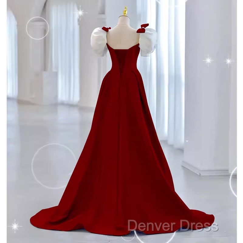 Modest A Line Long Short Sleeves Satin Red Prom Dresses