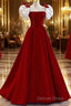 Modest A Line Long Short Sleeves Satin Red Prom Dresses