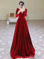 Modest A Line Long Sleeves Red Satin Prom Dress