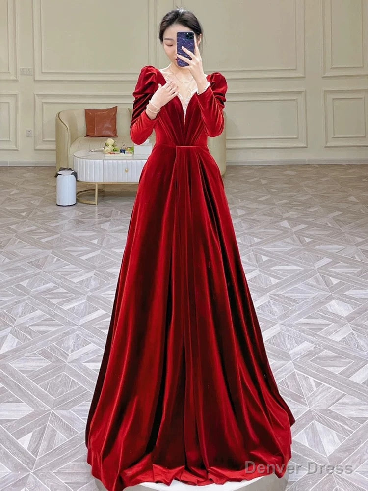 Modest A Line Long Sleeves Red Satin Prom Dress