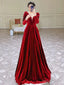 Modest A Line Long Sleeves Red Satin Prom Dress