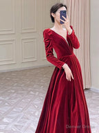 Modest A Line Long Sleeves Red Satin Prom Dress