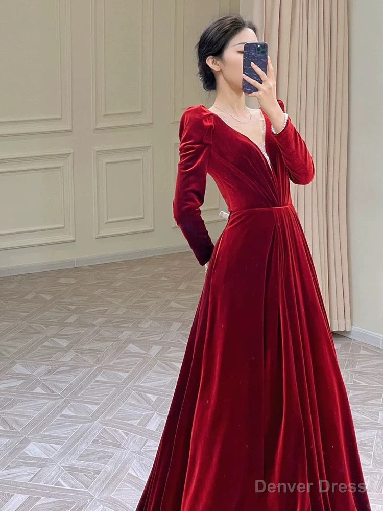 Modest A Line Long Sleeves Red Satin Prom Dress