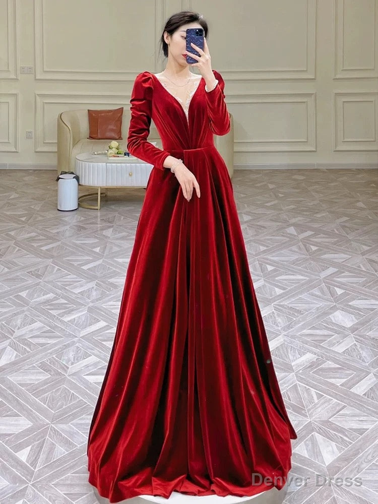 Modest A Line Long Sleeves Red Satin Prom Dress Main image