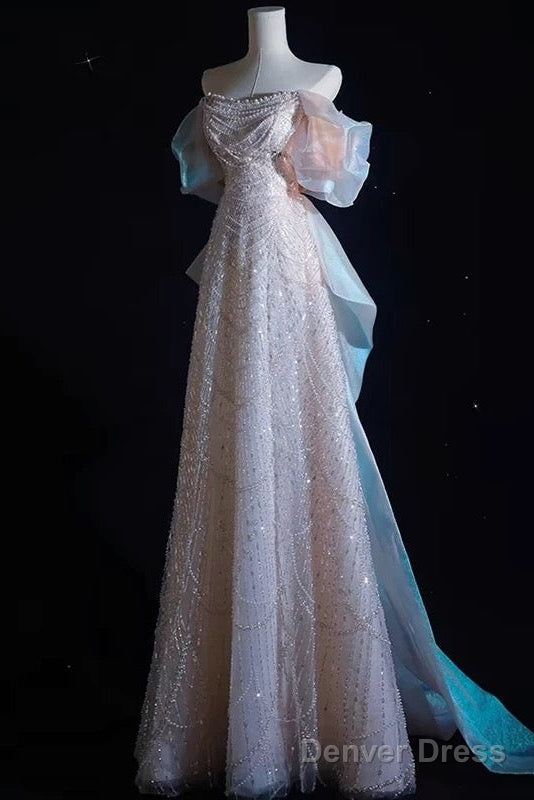 Modest A Line Off The Shoulder Pink Sequin Long Floor Length Pearls Prom Dresses