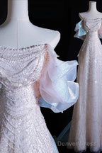 Modest A Line Off The Shoulder Pink Sequin Long Floor Length Pearls Prom Dresses