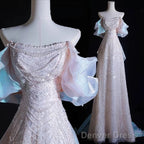 Modest A Line Off The Shoulder Pink Sequin Long Floor Length Pearls Prom Dresses